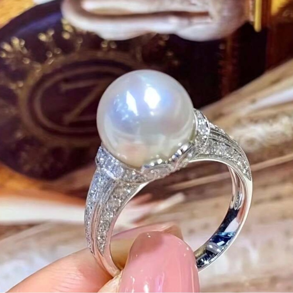 Classic White Pearl and Silver Pave Ring